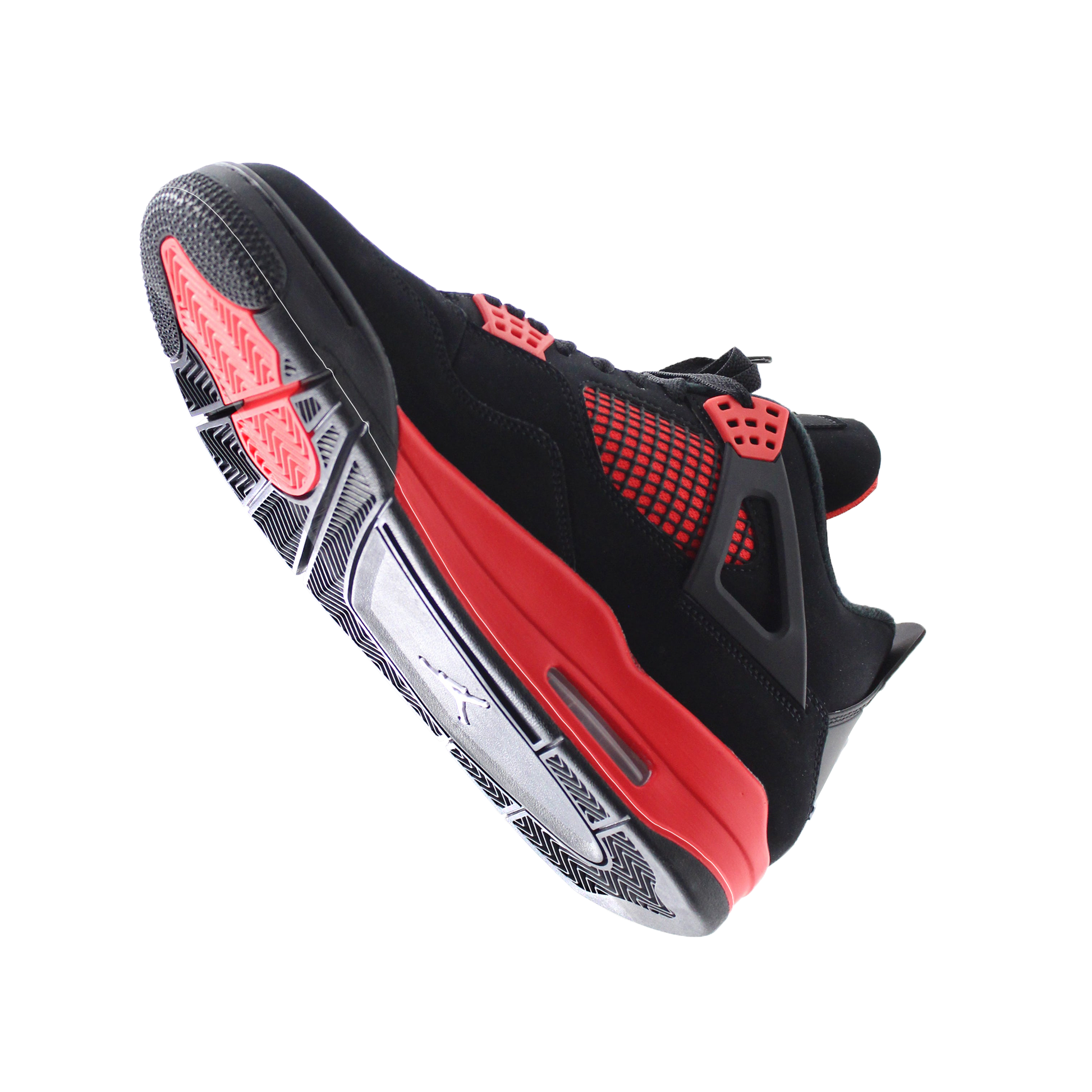 Black and red Jordan 4 Sole Guard showcases a distinct tread pattern and rugged design when viewed from below, highlighting its built-in sole protectors.