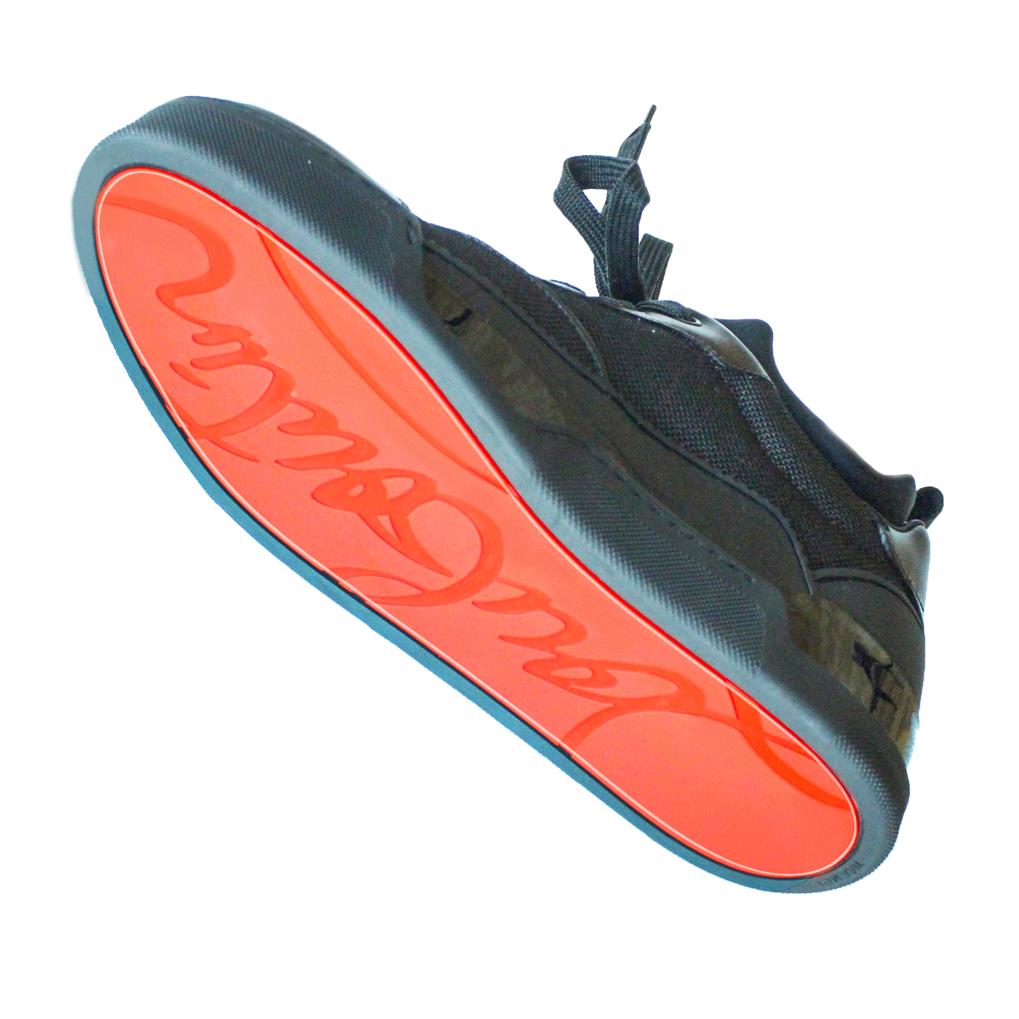 The sneaker, viewed from below, boasts a black upper with a vibrant orange sole and cursive text. Its vinyl polymer accents enhance durability, making it perfect for those wanting the Louboutin Aurelien Rankick style with long-lasting quality.