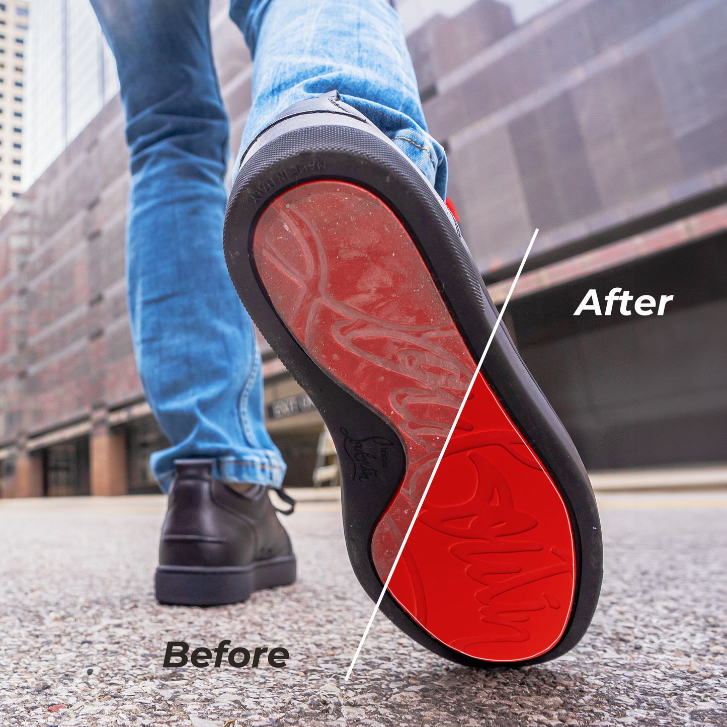 Close-up of a person walking, showcasing a shoe sole with a "before" and "after" cleaning comparison using Christian Louboutin Sneaker Sole Guard.