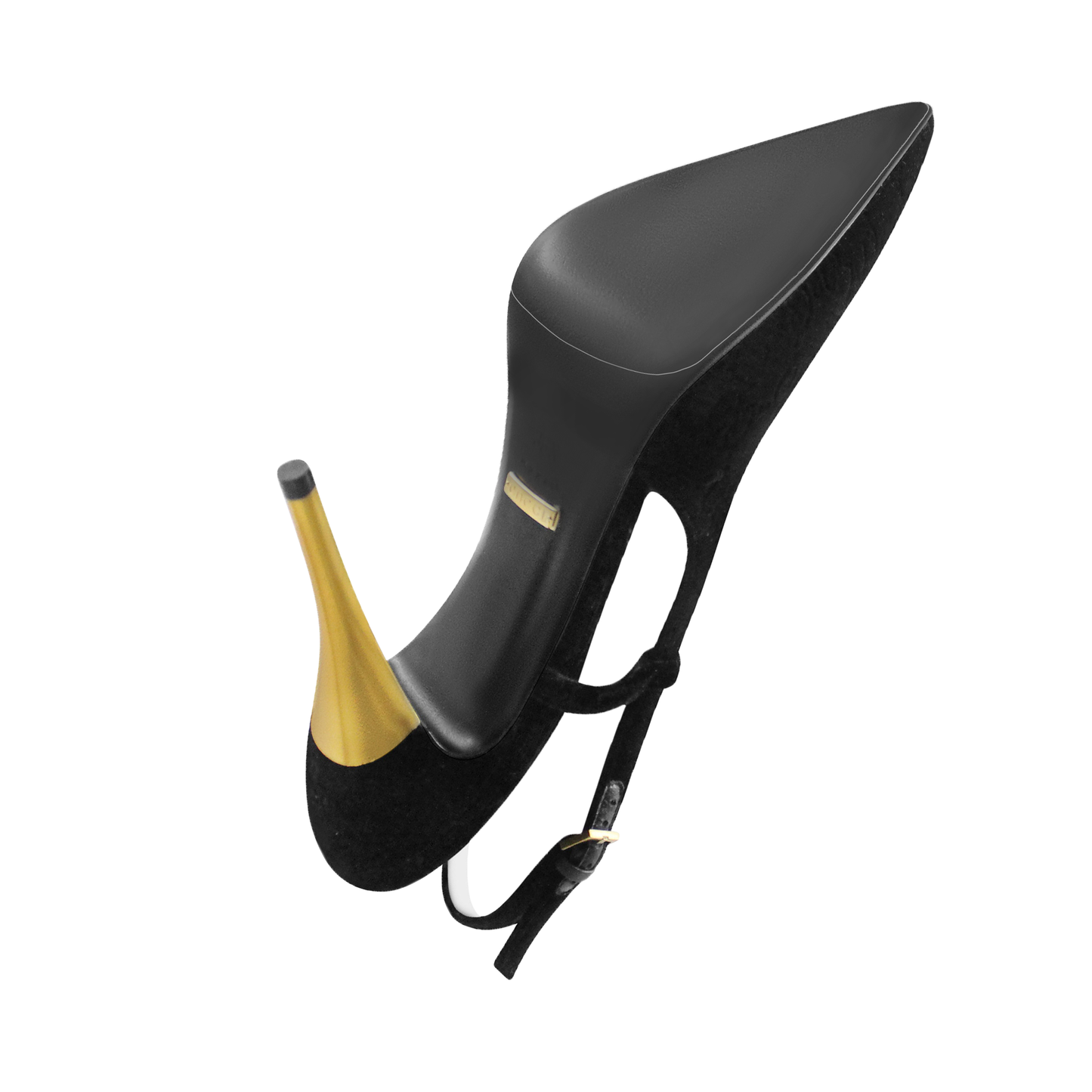 The Gucci High Heel Pump Sole Guard is a black high-heeled shoe featuring a gold stiletto, an ankle strap, and elegant leather soles, displayed from the bottom and side angles.