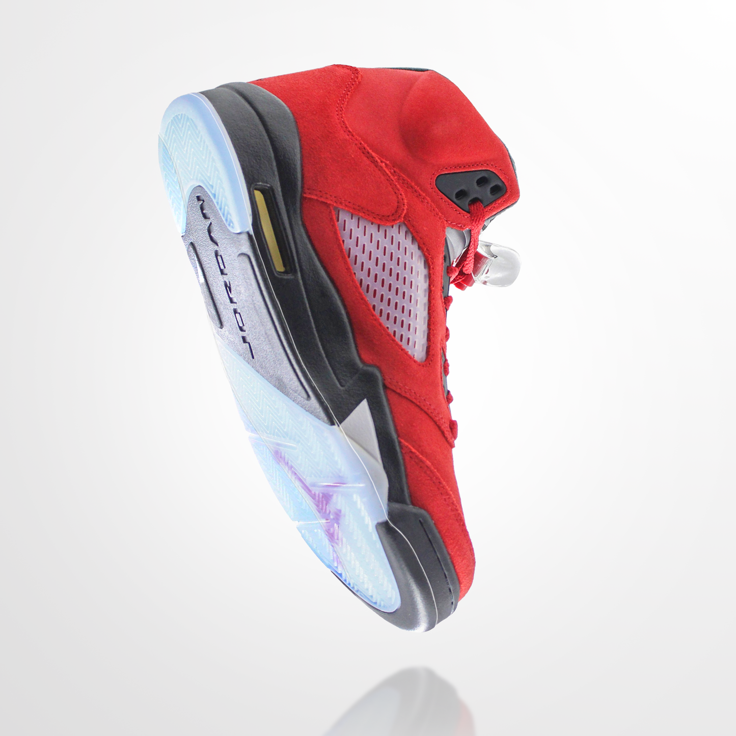 The Jordan 5 Sole Guard, a red high-top sneaker with a translucent sole, side mesh, and black midsole, features ultra-durable Vinyl Polymer for enhanced protection; it is viewed from the bottom on a white background.