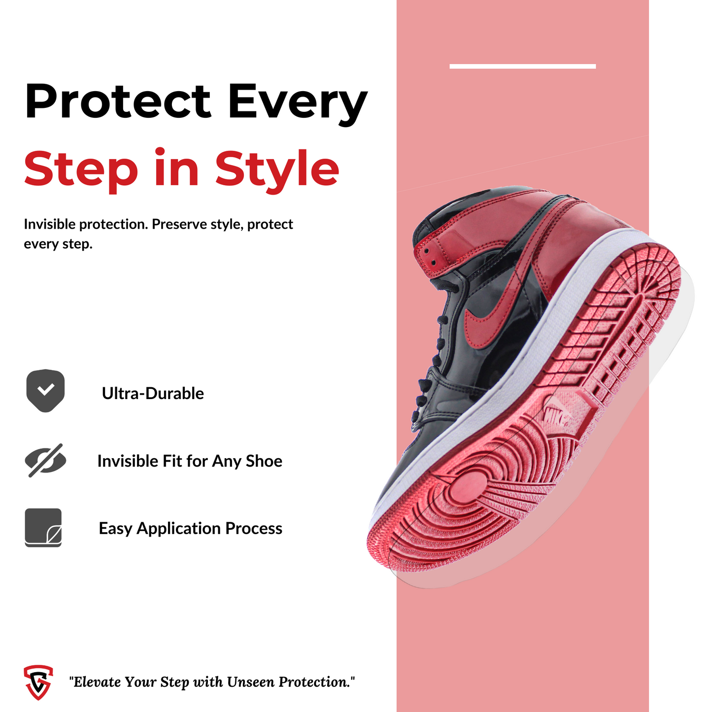 Safeguard every step in style with a red and black sneaker featuring the Jordan 1 Sole Guard. Its ultra-durable design and invisible fit offer a custom feel, while cutting-edge vinyl polymer technology ensures easy application.