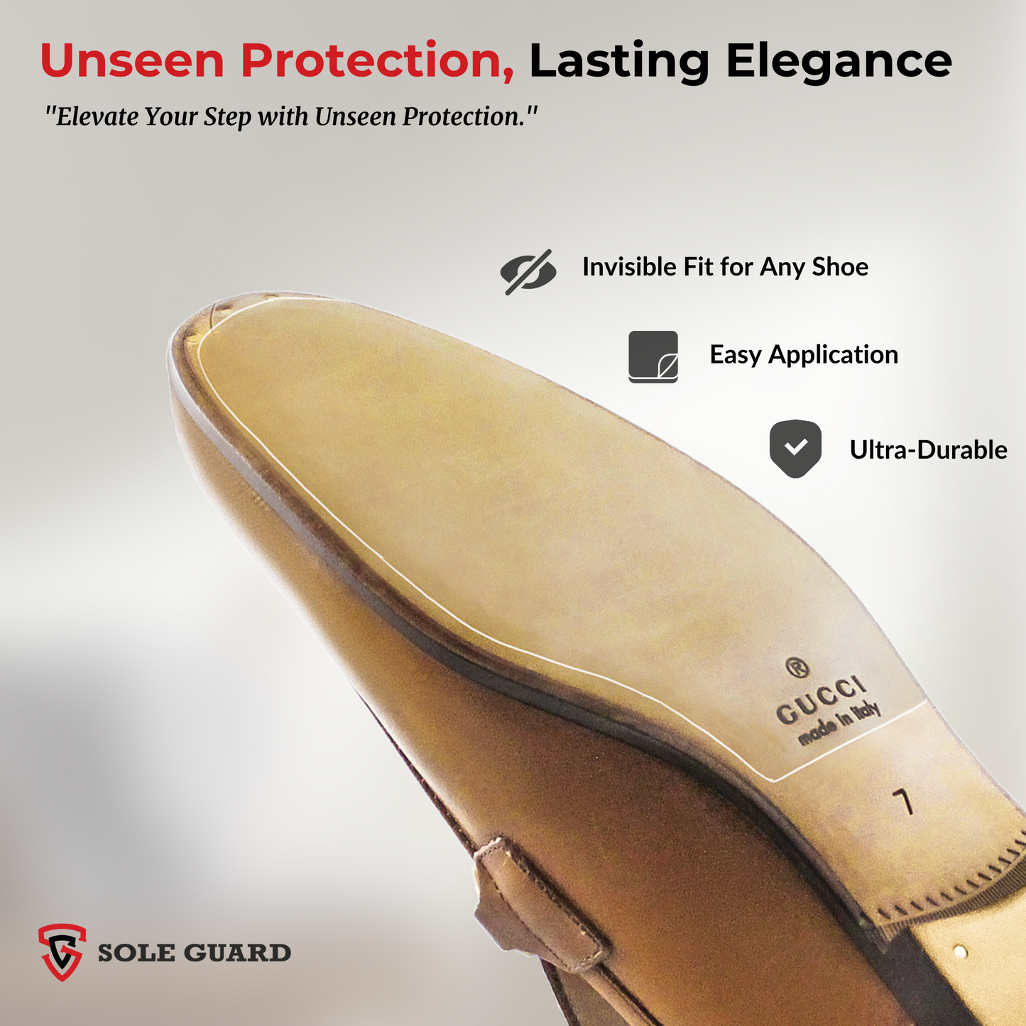 Close-up of a Gucci Loafers Sole Guard 3x Pack sole with text promoting invisible protection, easy application, and durability. Ideal for keeping your loafers impeccable.