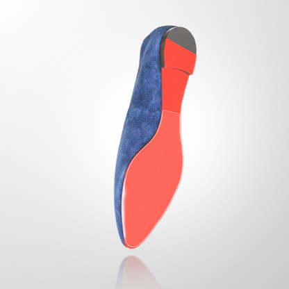 Christian Louboutin's Round Flats Sole Guard 3 Pack, showcased with blue suede and their iconic bright red sole, is captured from a side angle on a light gray background.