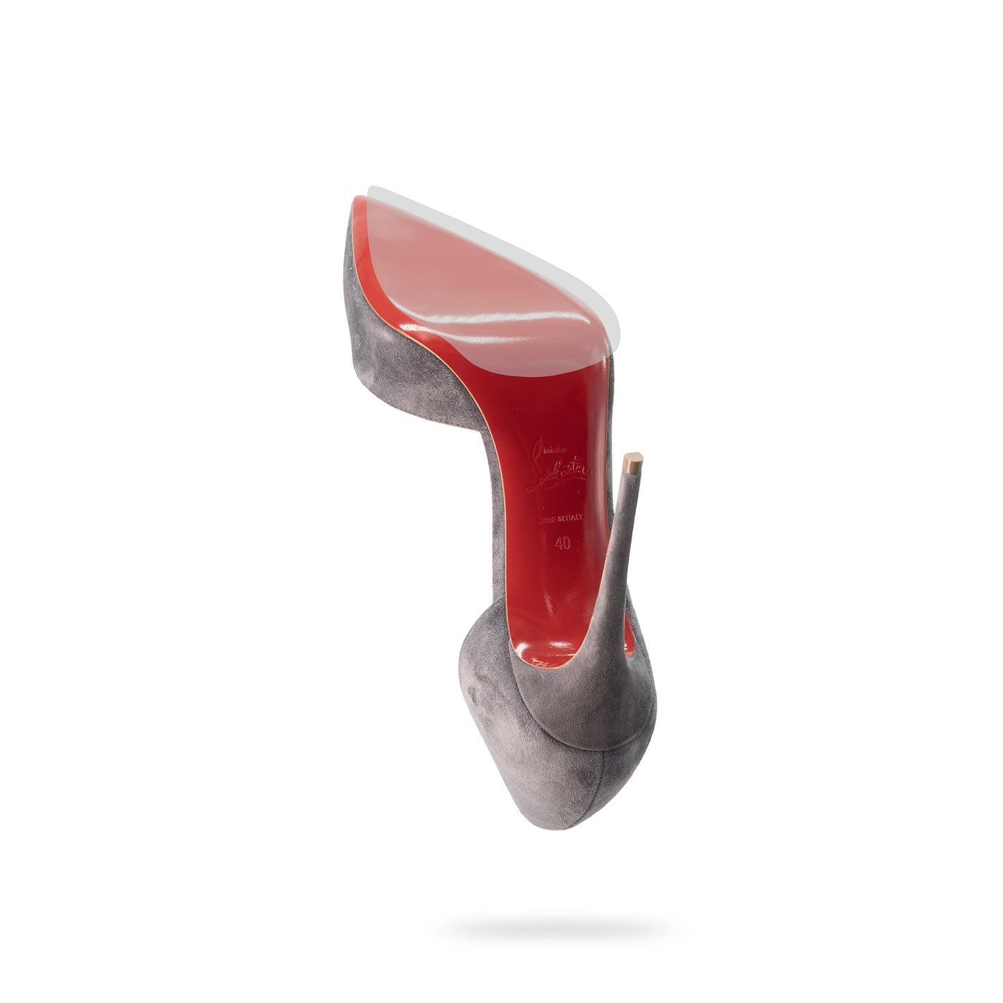 Gray high-heeled shoe with a red sole, featuring the classic Christian Louboutin style, seen from below on a white background.