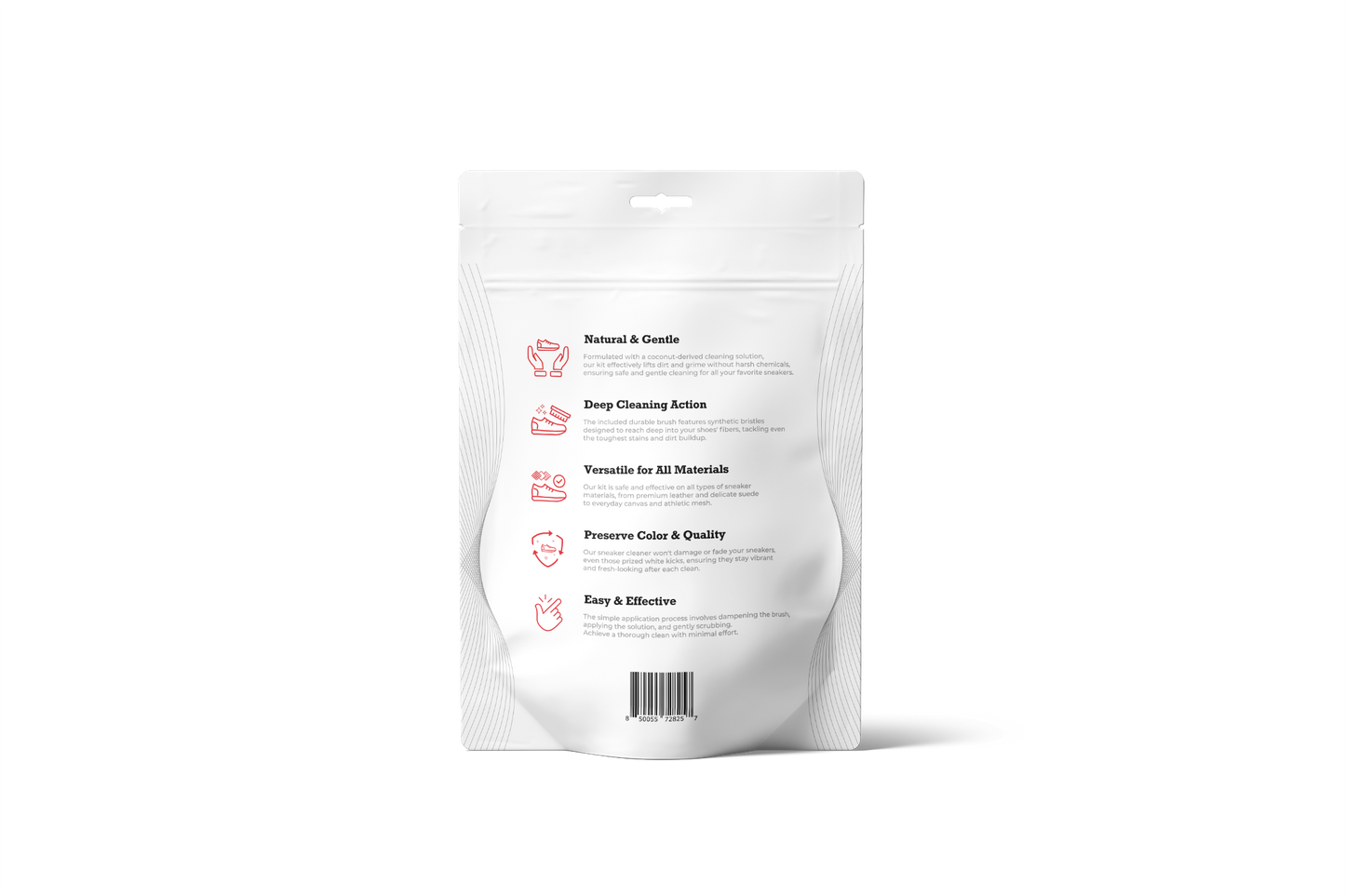 The Shoe Cleaning Kit comes in a white resealable pouch with icons and text, featuring a versatile coconut-based cleaner. It includes a synthetic bristle brush for diverse surfaces such as sneakers. A barcode at the bottom facilitates easy inventory tracking.