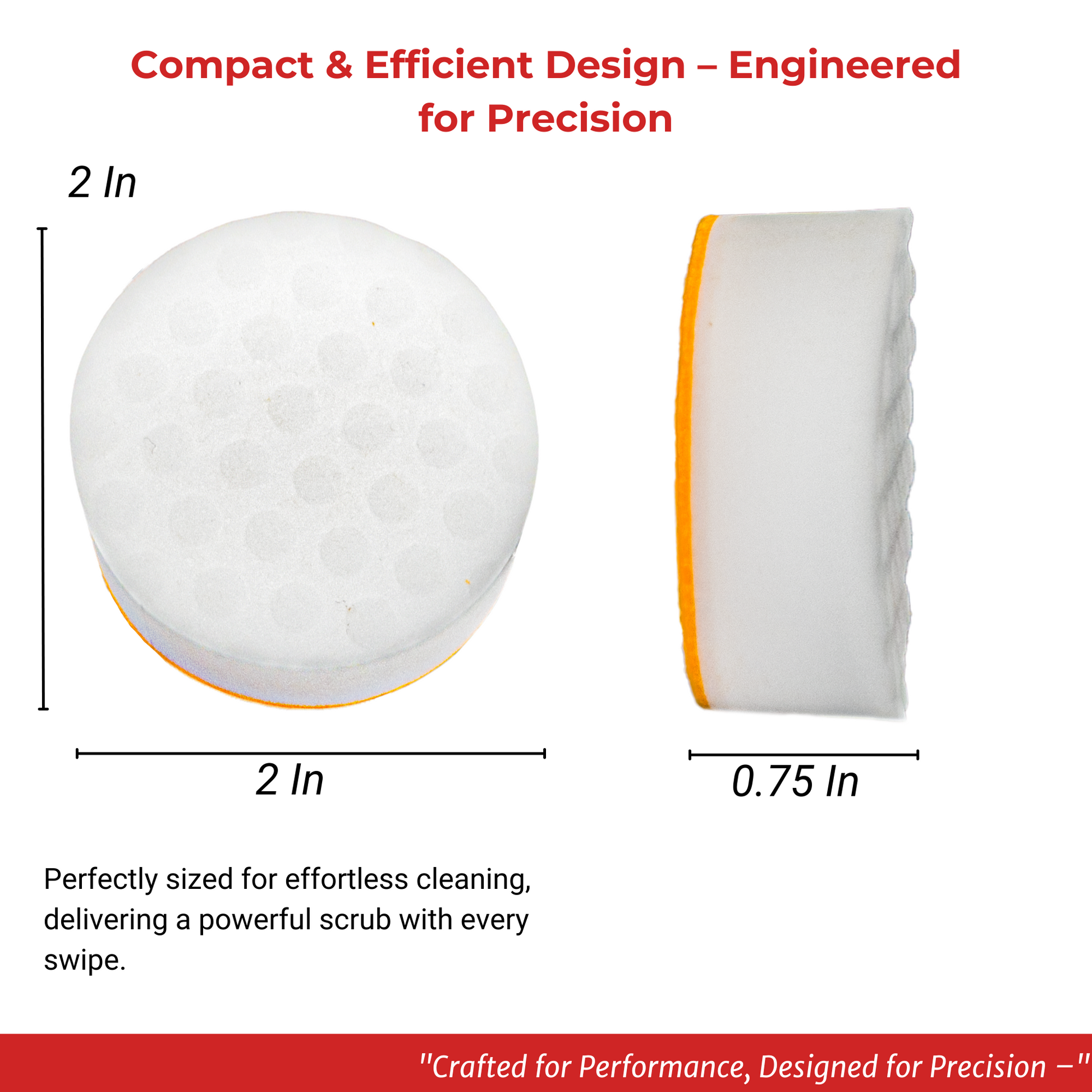 The Sole Guard Sneaker Eraser features a round, white shoe-cleaning sponge with an orange edge, measuring 2 inches in diameter and 0.75 inches thick. Its precision design is perfect for sneaker care, ensuring spotless soles every time.