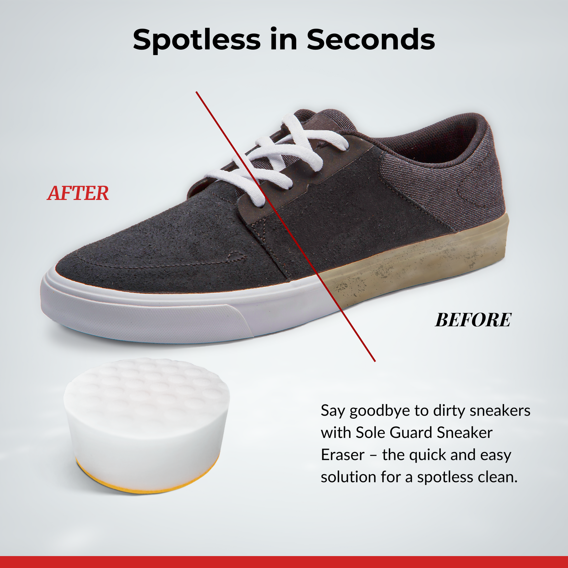 The Sole Guard Sneaker Eraser (Sponge) is perfect for sneaker care enthusiasts, featuring a circular cleaning sponge that shows a shoe before and after use, helping maintain sole quality and keep footwear spotless and fresh.