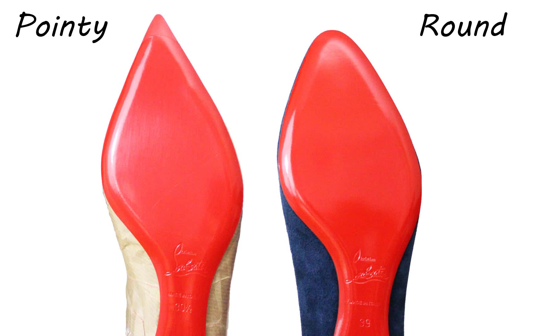 Two shoe soles with iconic red bottoms: the left is pointy like a Christian Louboutin design, while the right features a style from the Round Flats Sole Guard 3 Pack.