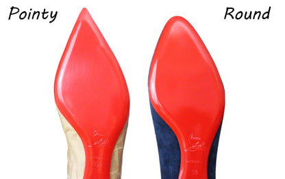 Two shoe soles with iconic red bottoms: the left is pointy like a Christian Louboutin design, while the right features a style from the Round Flats Sole Guard 3 Pack.