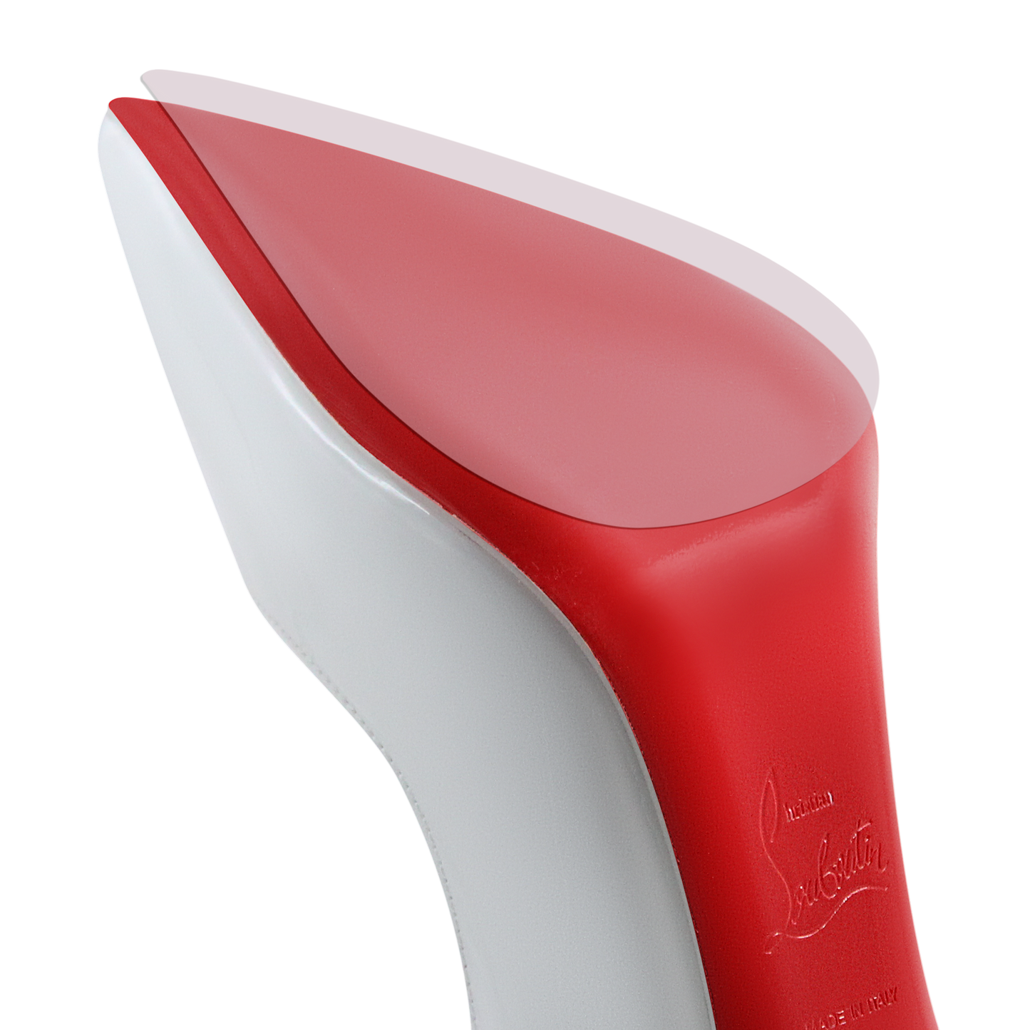 Close-up of a shiny red-bottomed stiletto heel on a white shoe, showcasing the Christian Louboutin Sole Guard 6 Pack, which preserves its smooth texture and elegant design.