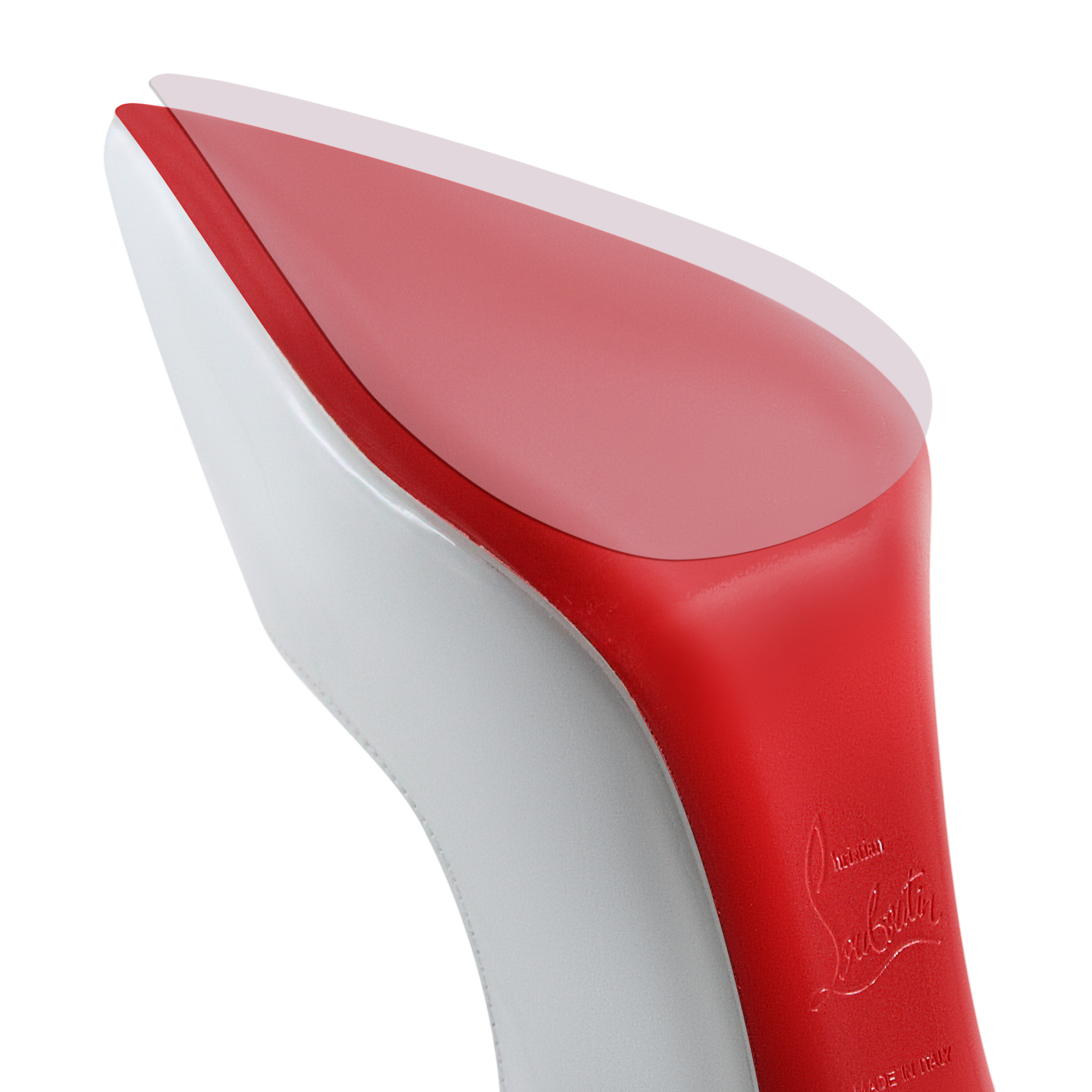 Close-up of a shiny red-bottomed stiletto heel on a white shoe, showcasing the Christian Louboutin Sole Guard 6 Pack, which preserves its smooth texture and elegant design.