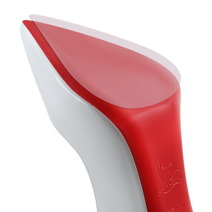 Close-up of a shiny red-bottomed stiletto heel on a white shoe, showcasing the Christian Louboutin Sole Guard 6 Pack, which preserves its smooth texture and elegant design.