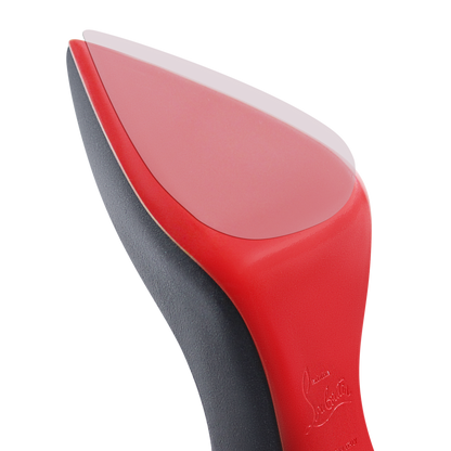 Close-up of a Christian Louboutin Sole Guard 6 Pack, highlighting the striking red and gray color scheme of the high-heeled shoe's sole.