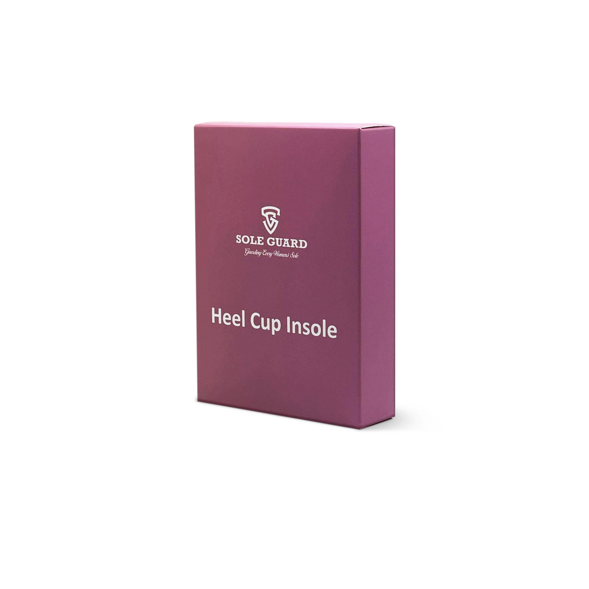 A purple box of "Heel Cup Insole" stands upright on a white background, offering targeted heel support with its advanced silicone gel insoles.