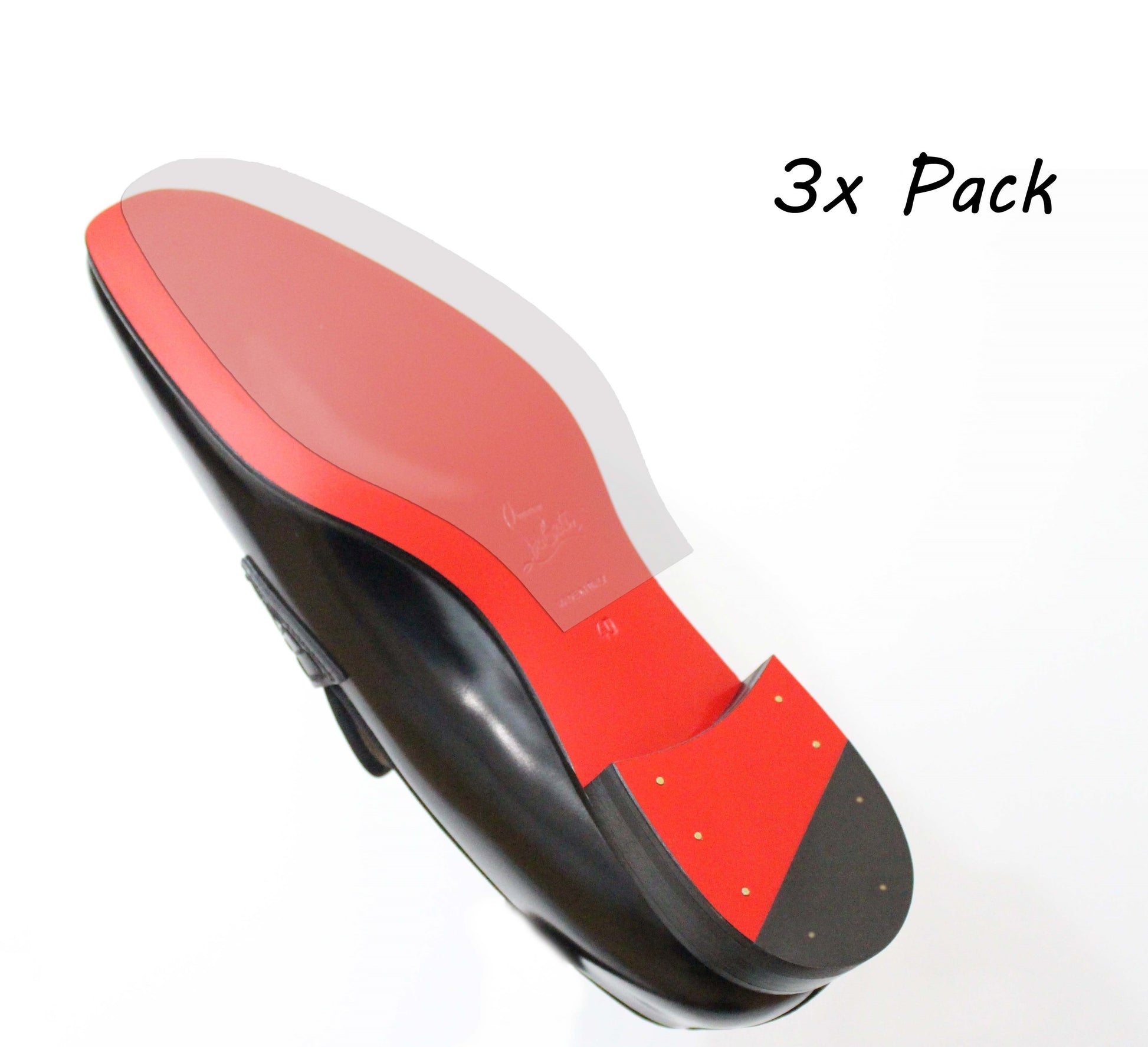 The Christian Louboutin Loafers Sole Guard 3 Pack offers semi-transparent, red-based invisible protection for high-heeled shoes, custom-fit to ensure style and durability, perfect for protecting your Louboutins.