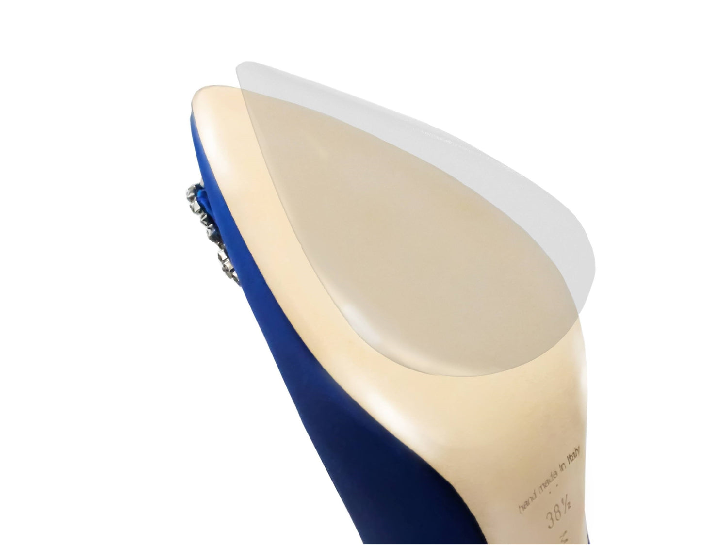 Close-up of a blue high-heeled shoe with a Manolo Blahnik Sole Guard from the 3 Pack on the heel for preservation.