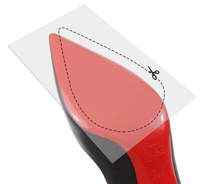 The Universal Sole Guard 3 Pack features clear vinyl polymer film sheets with a dashed line that elegantly overlay the red sole of designer shoes, creating a chic cutout effect and offering ideal sole protection.