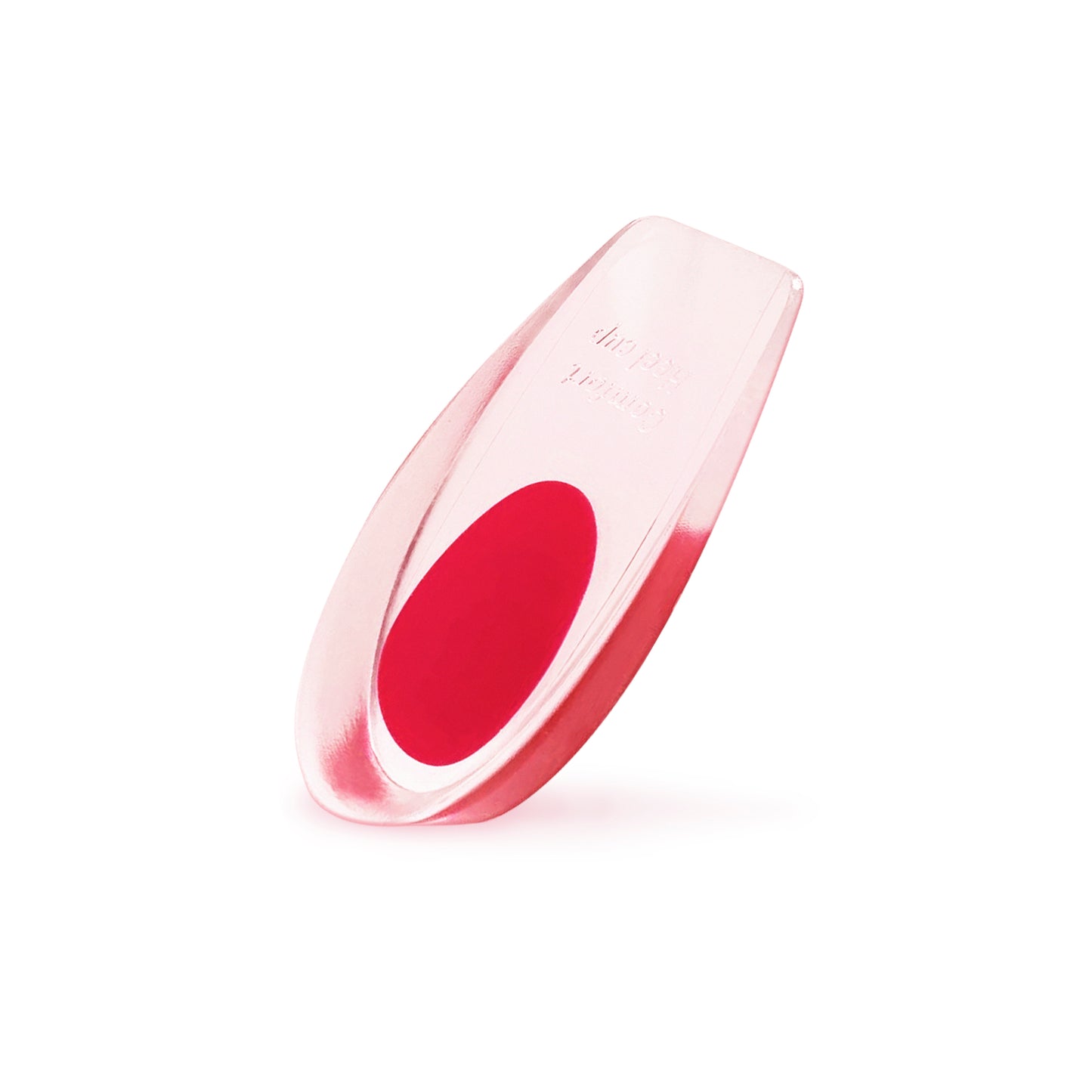 The Heel Cup Insole is a transparent pink shoe insert with a red oval cushion in the center, crafted from silicone gel for targeted heel support and comfort.