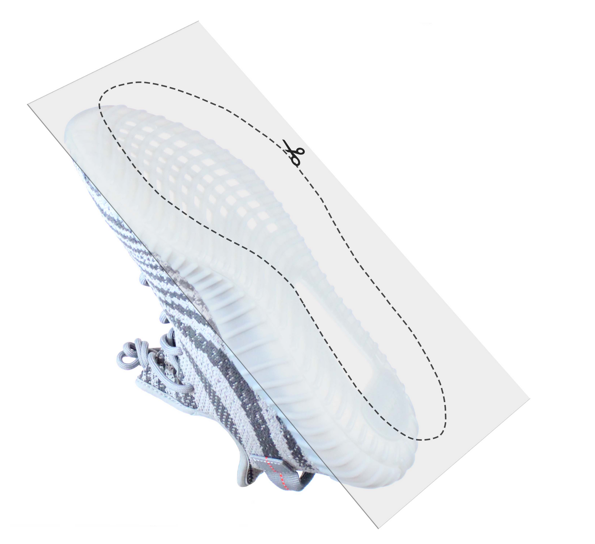 The Universal Sole Guard Men sneaker features a dashed line and scissors icon, indicating a cutout around the sole, offering enhanced shoe protection.