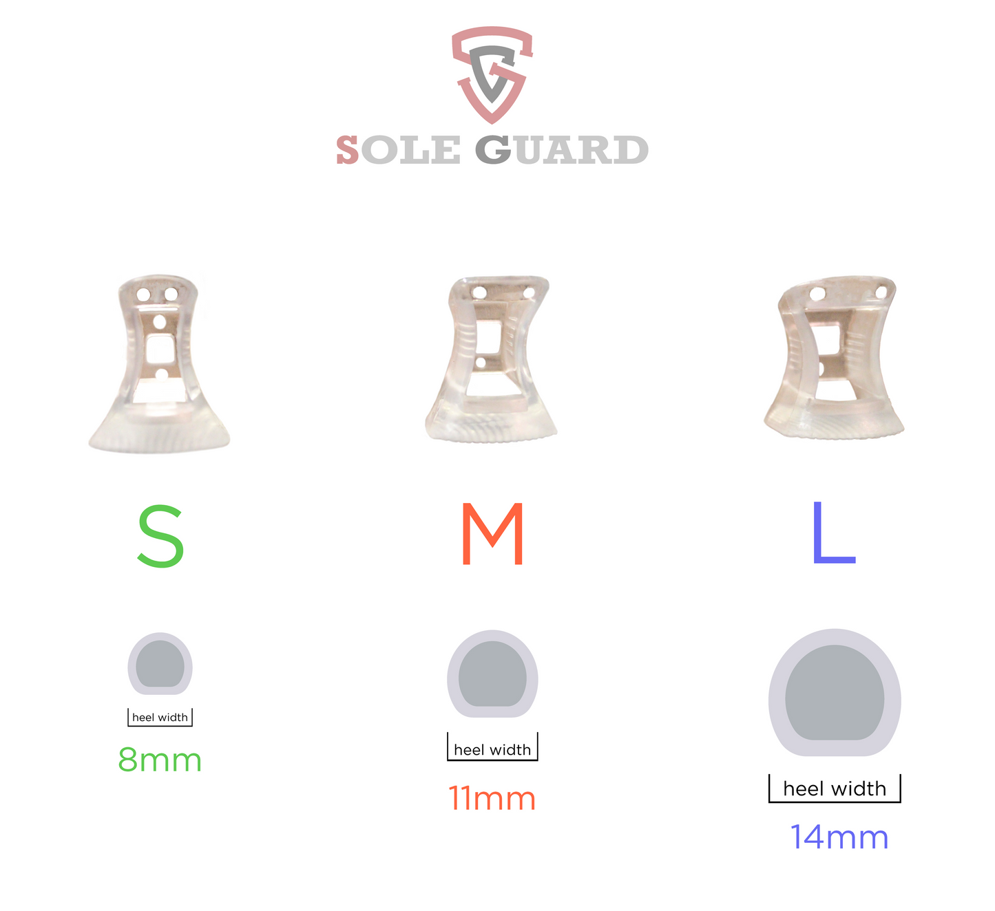 Three versatile High Heel Protectors, available in sizes S, M, and L, provide non-slip support with widths of 8mm, 11mm, and 14mm under the "Sole Guard" logo.
