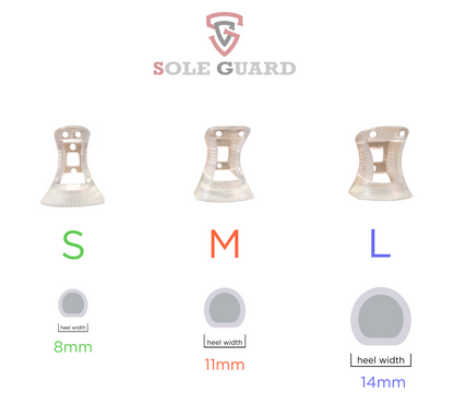 Three versatile High Heel Protectors, available in sizes S, M, and L, provide non-slip support with widths of 8mm, 11mm, and 14mm under the "Sole Guard" logo.