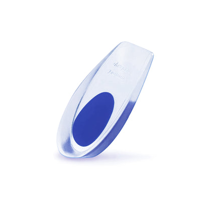 The Heel Cup Insole is a clear and blue silicone gel heel cushion featuring a raised curved design for targeted heel support.