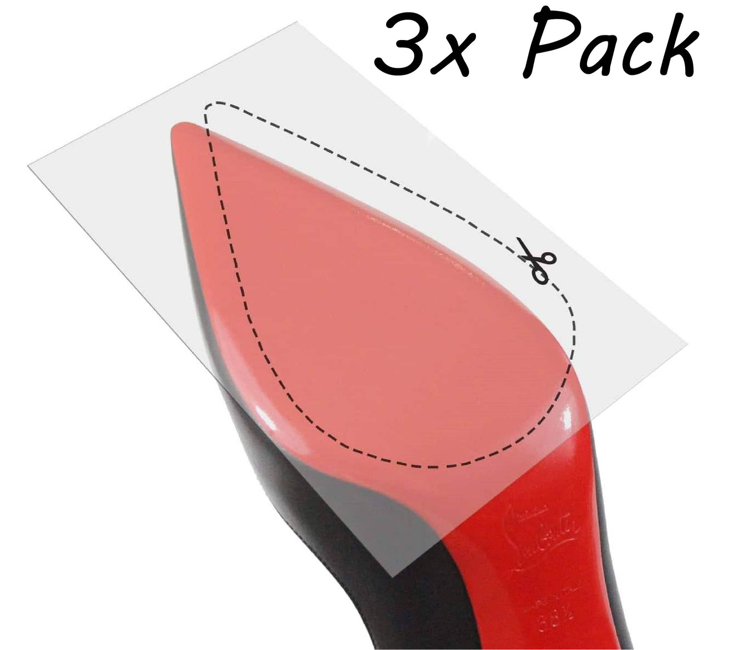 Vinyl polymer protector for designer shoe's red high heel sole featuring a scissors symbol, labeled "Universal Sole Guard 3 Pack.