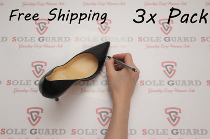 Handwritten text alongside a high-heeled shoe on a Sole Guard backdrop reads: "Free Shipping Universal Sole Guard 3 Pack." These are perfect for designer shoes, providing the ultimate sole protector solution.