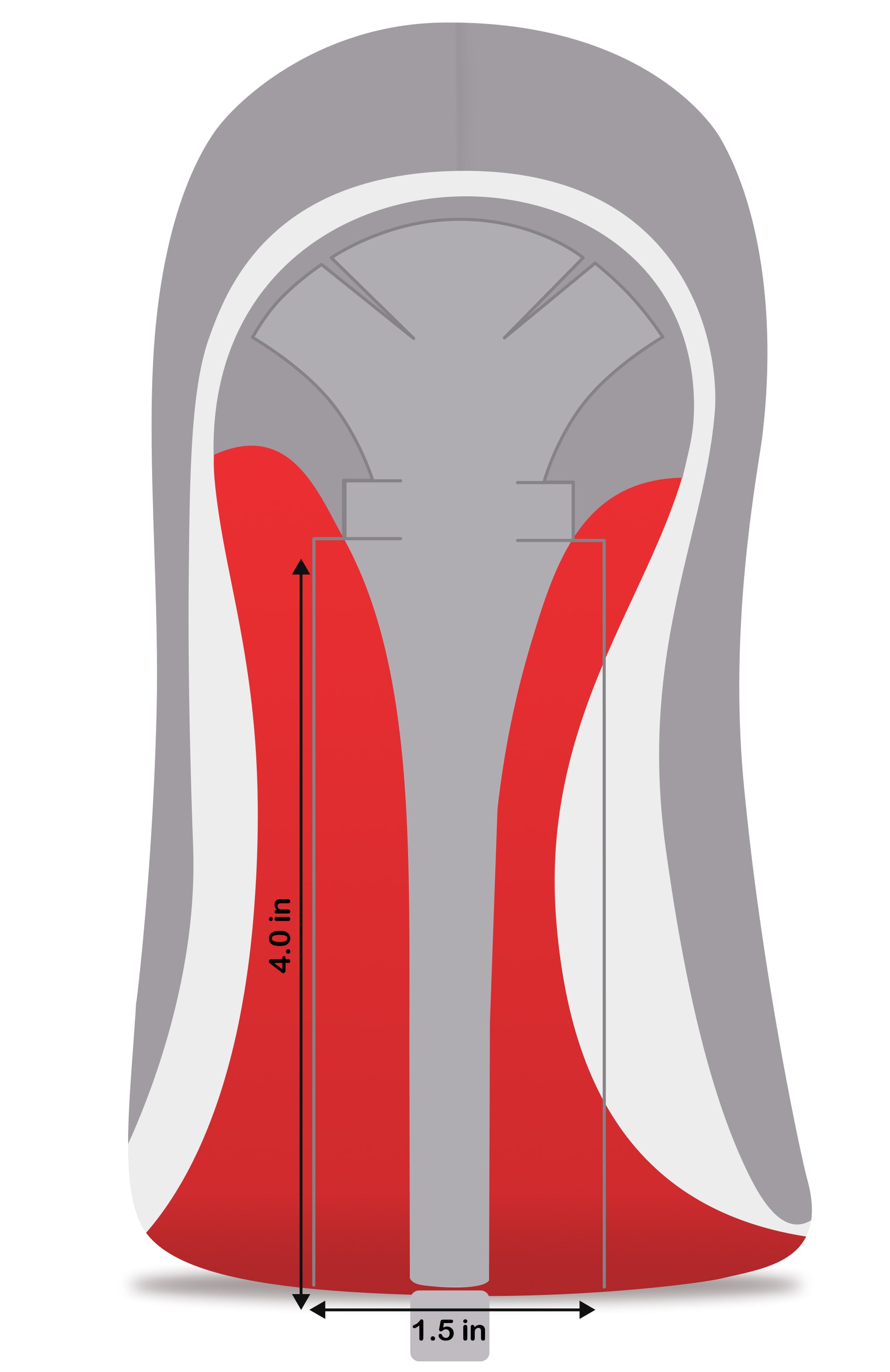 Diagram of the Heel Stem Protector insole highlighting red arch support; dimensions: 4.0 inches tall, 1.5 inches wide. Features invisible defense and discreet heel protectors for ultimate comfort.