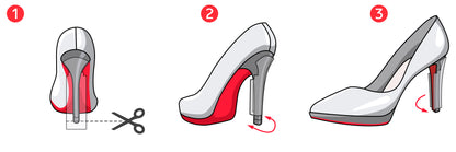 Illustration of a high heel shoe with steps to convert it to a flat shoe using a removable heel mechanism and Heel Stem Protector for added invisible defense.