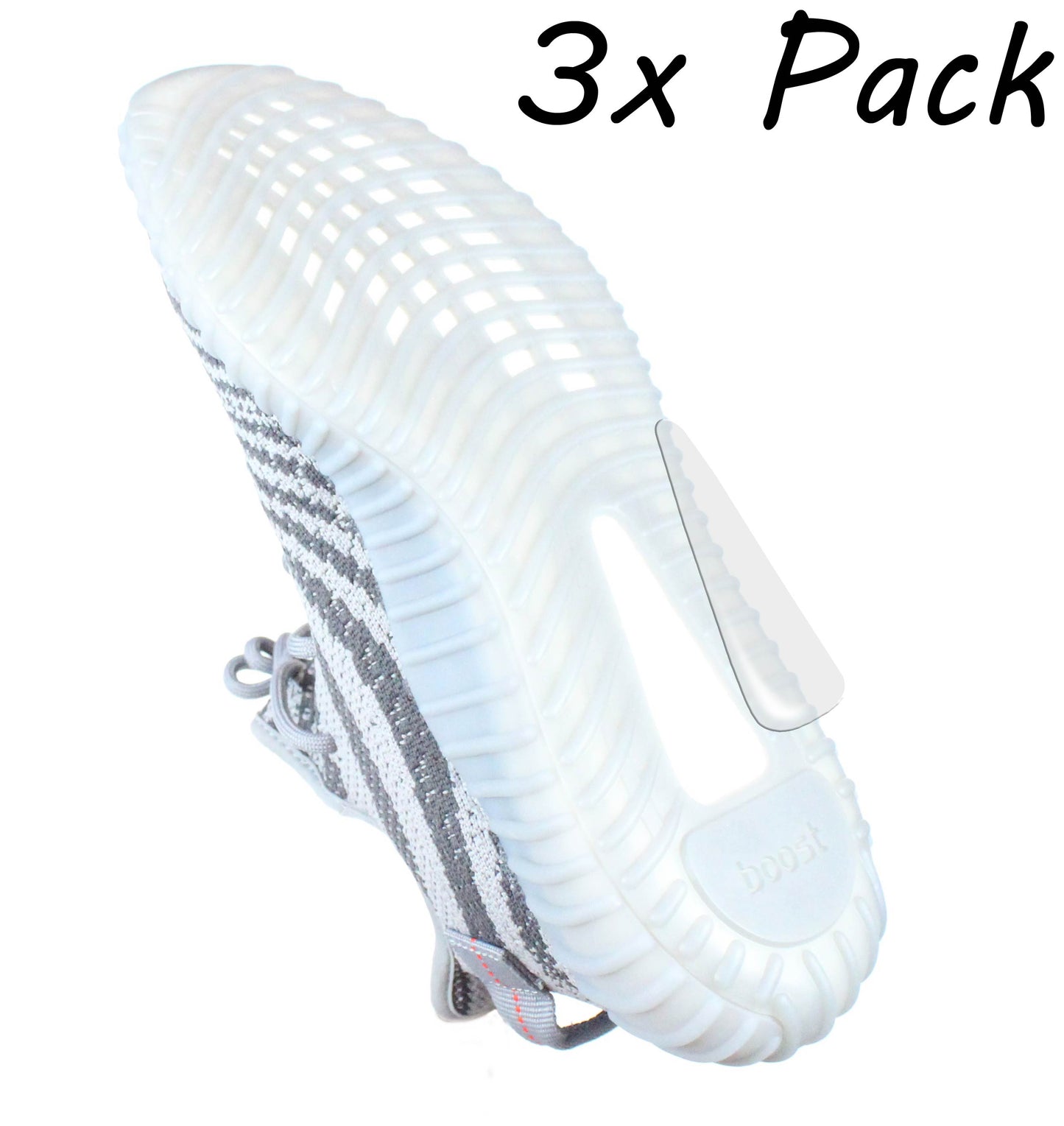 The Adidas Boost Guard 3 Pack features a white and gray sneaker sole with a durable finish, labeled "3x Pack" in the top right corner, and enhanced with Sole Guard technology for increased longevity.