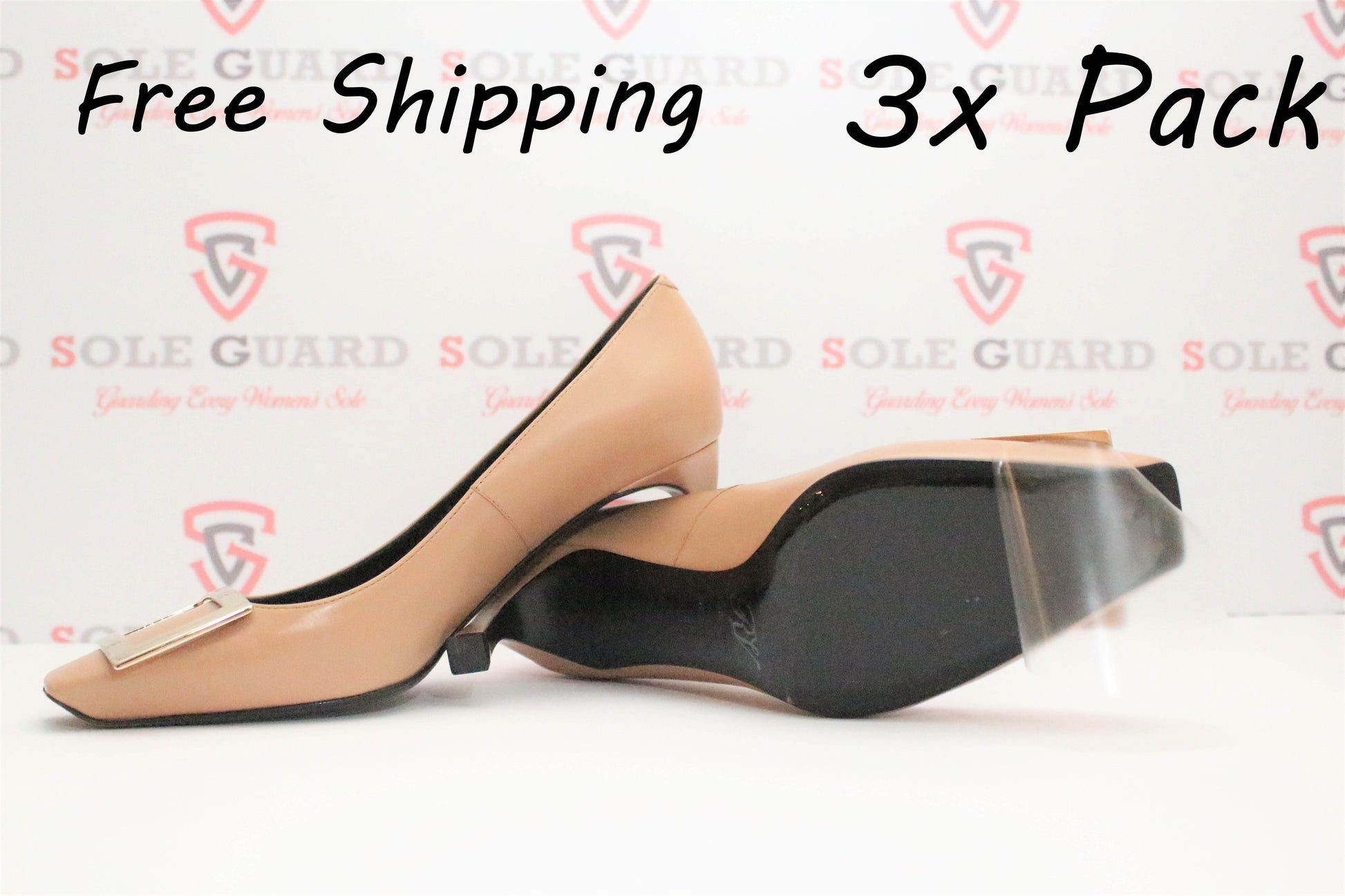 A set of Roger Vivier Sole Guard 3 Pack with "Free Shipping 3x Pack" text on a branded background, perfect for adding elegance.