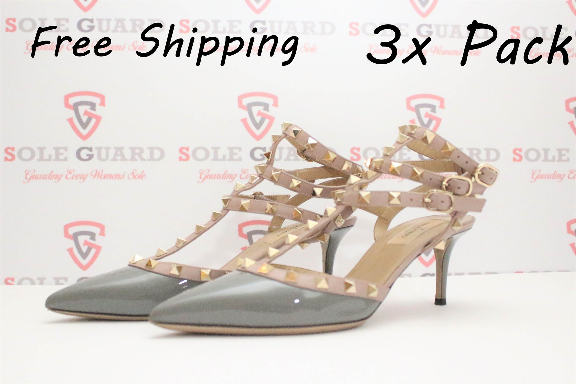 Gray high-heeled shoes with studded straps, reminiscent of classic Valentino heels, displayed against a backdrop featuring "Valentino Sole Guard 3 Pack" logos. Text: "Free Shipping".